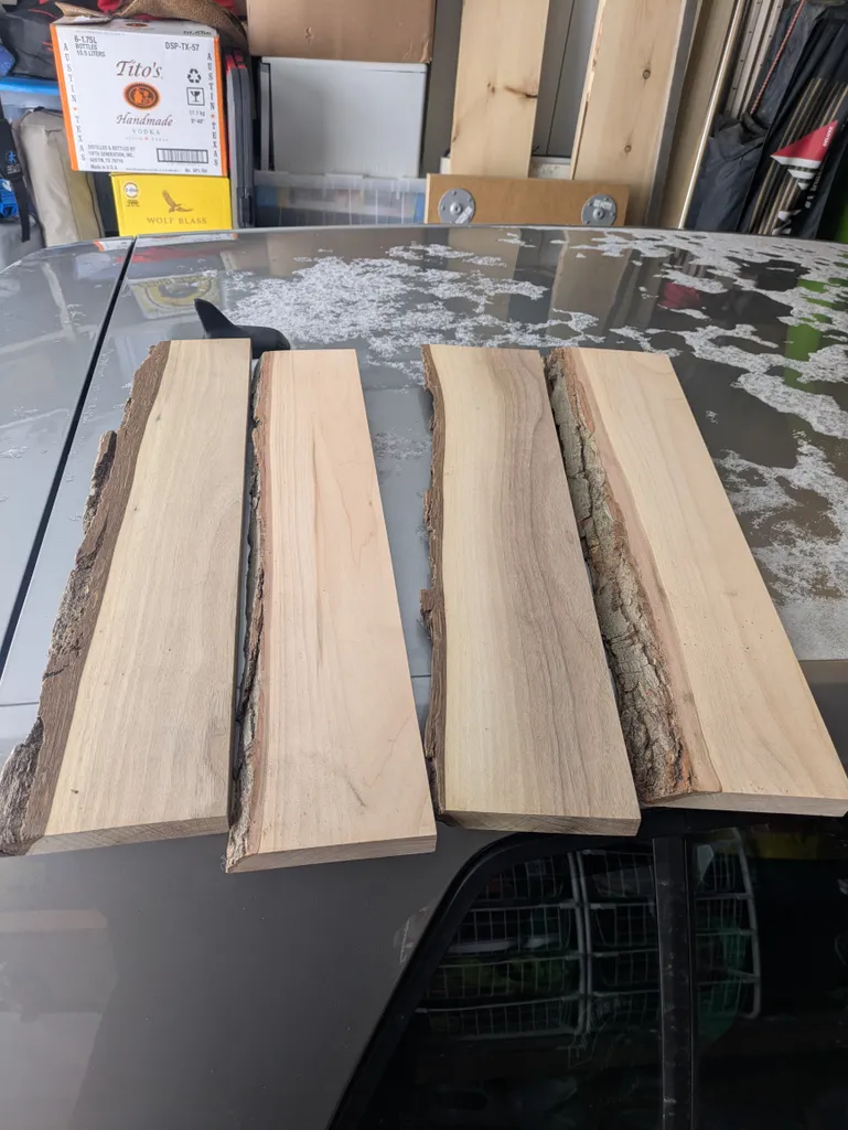 4 live edge wooden shelves.  photo 1