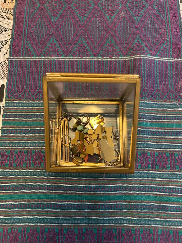 Vintage Brass Jewelry Box with Assorted Earrings photo 1