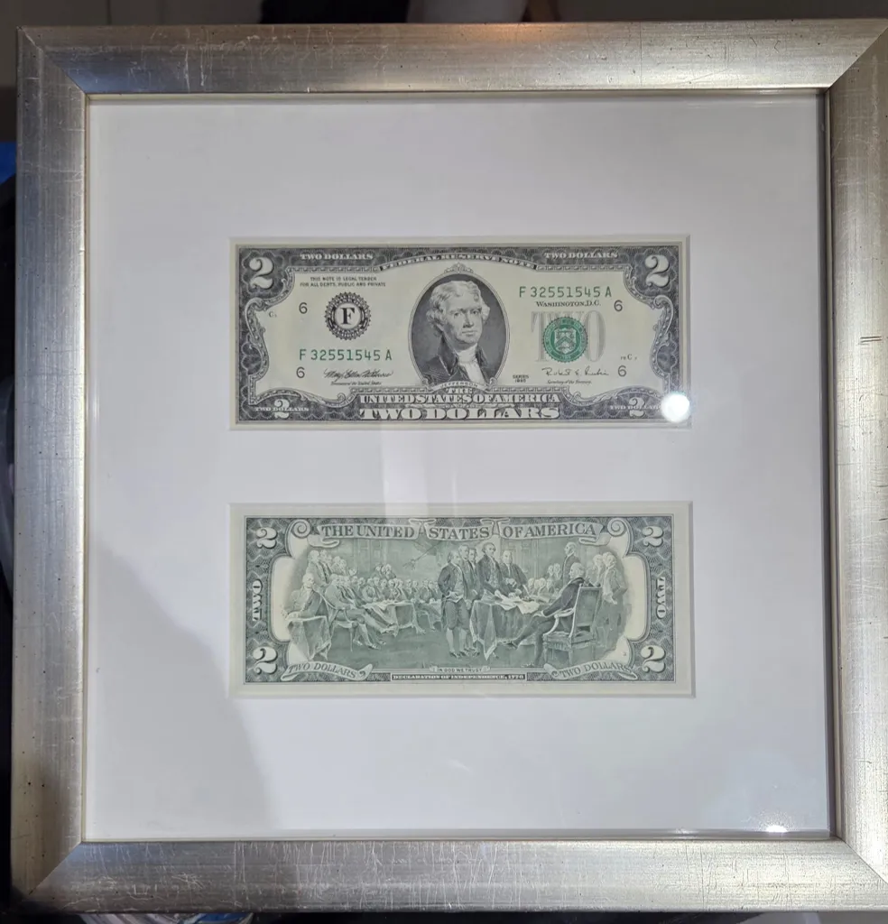 Framed $2 U.S. Bill – Decorative / Lucky Money Gift photo 1