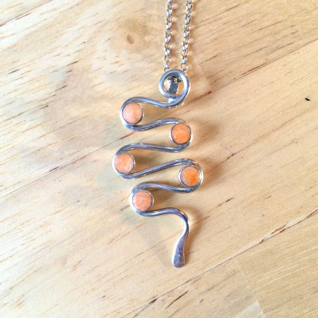 Silver Serpentine Pendant w Peach Accents and Chain photo 1
