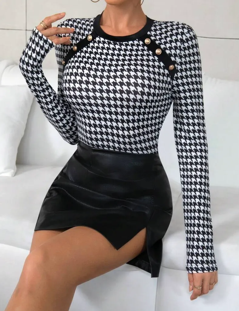 Houndstooth Gold Button Blouse photo 1