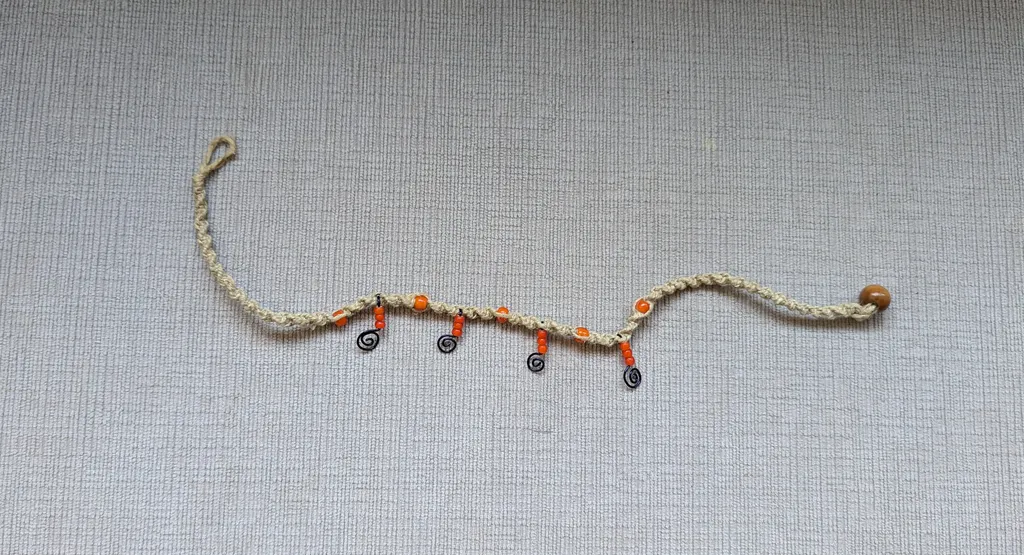 Handmade Hemp Anklet with Orange and Wooden Beads photo 1
