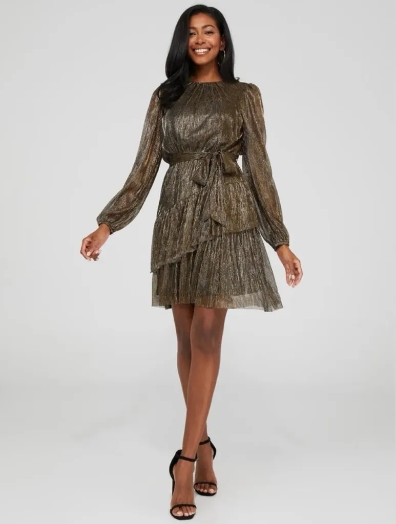 Suzy Shier Metallic Plisse Mini Dress with Tiered Skirt photo 1