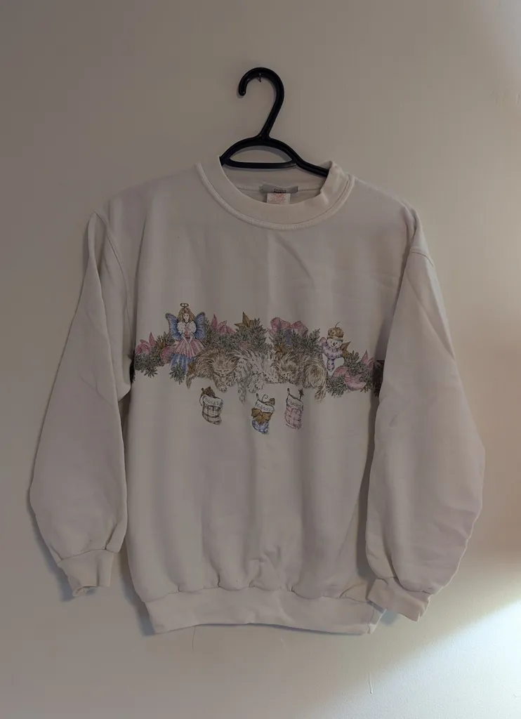 Vintage Christmas Cat Sweatshirt - Youth Size Large photo 1