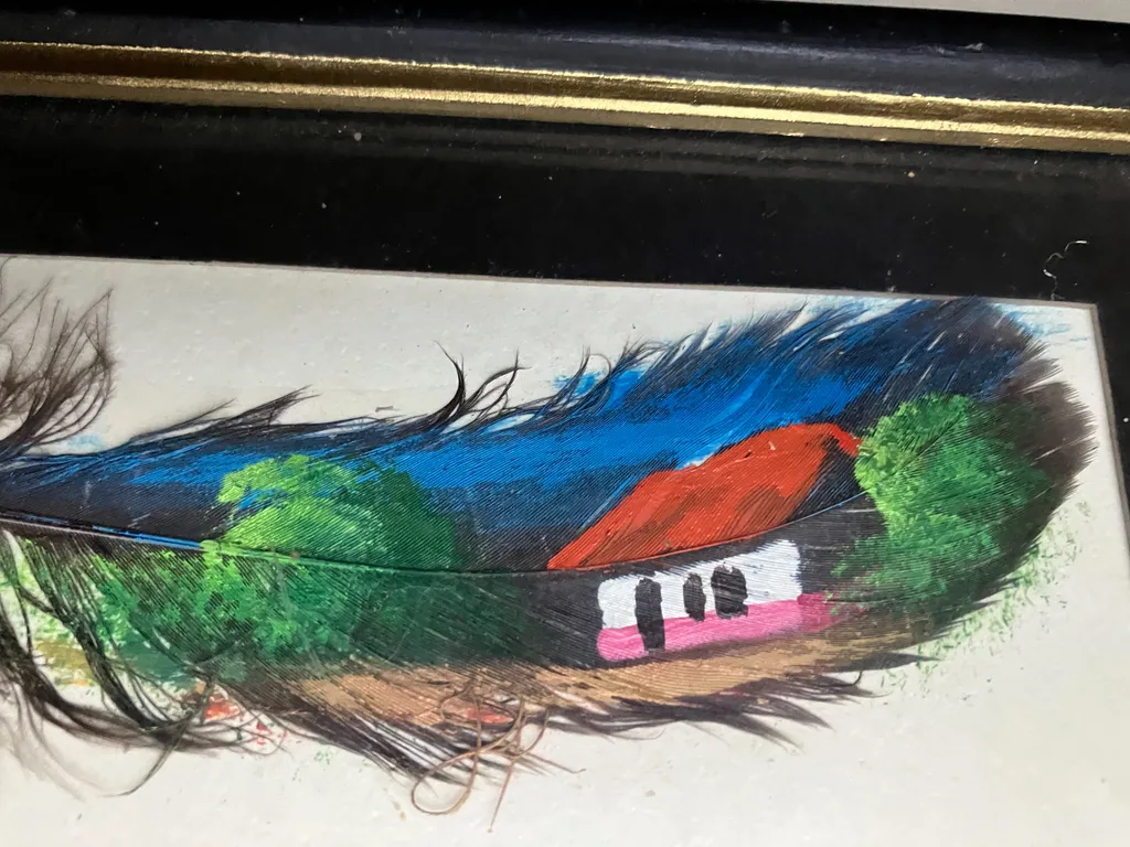 Vintage feather art in picture frame photo 1