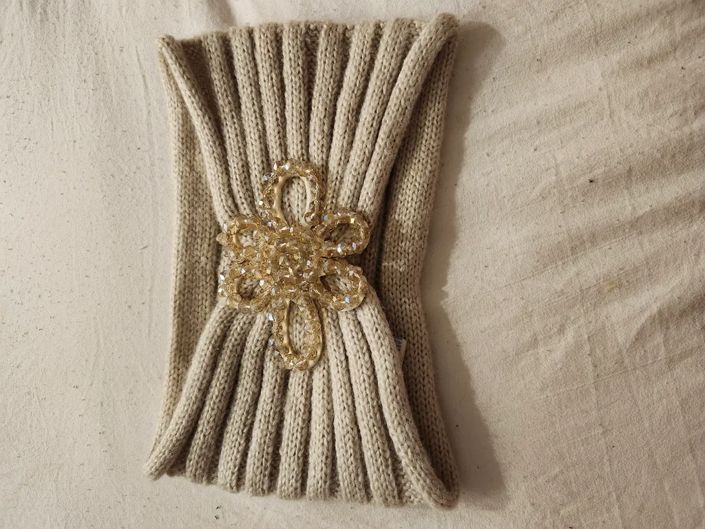 Beige Knit Headband with Crystal Flower Detail photo 1