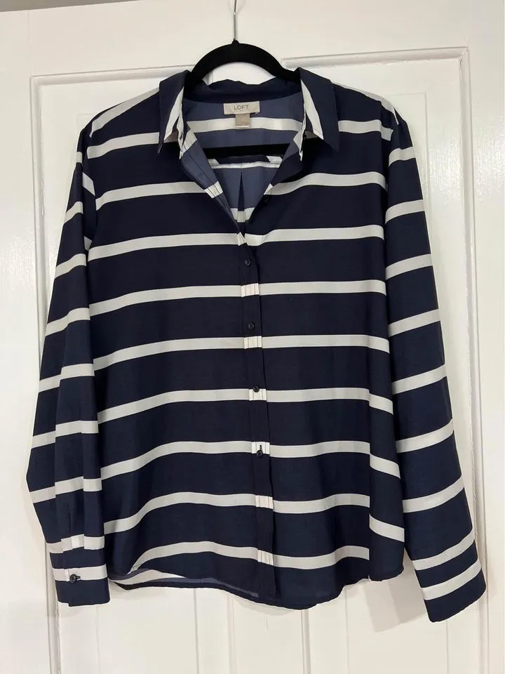 Navy & White Stripe Ann Taylor Blouse, Large, Like New photo 1
