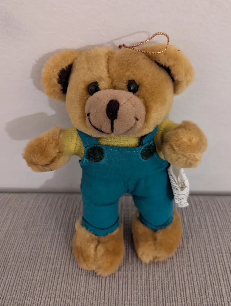 Small Plush Bear with Blue Overalls Ornament  photo 1