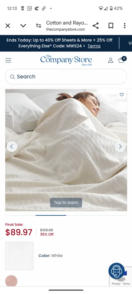 The Company Store Cotton Bamboo Blanket - White, Full. New. photo 1