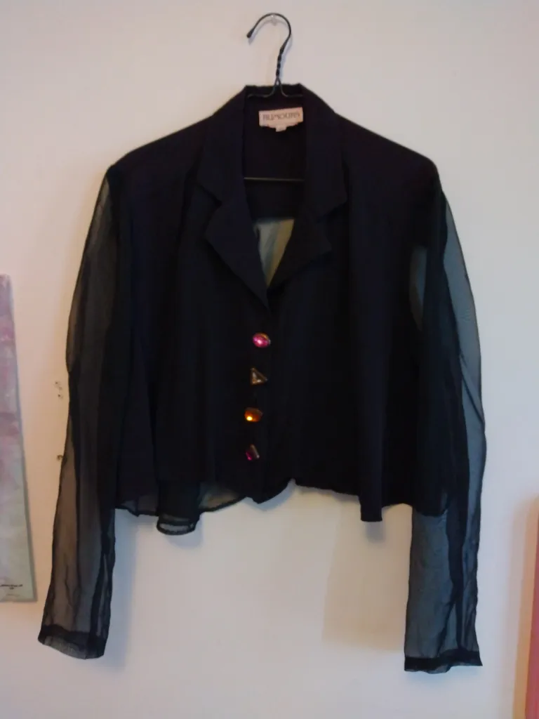 Vintage bewjewel gem button blouse sheer see through sleeves photo 1