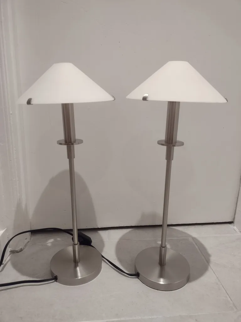  2 Dimmable stainless steel desk/table lamps with glass shade.  photo 1