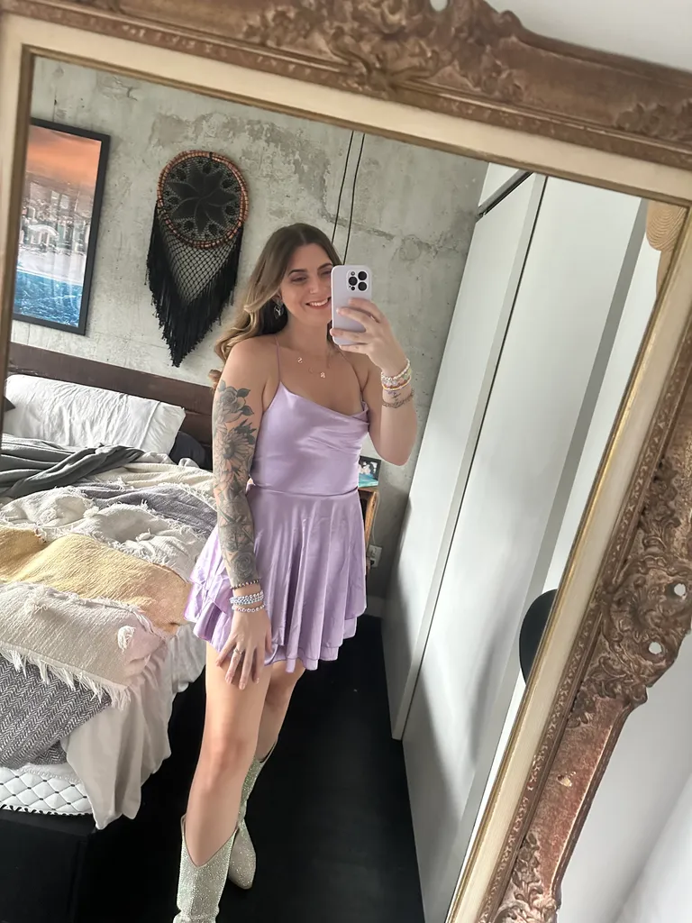 Lavender satin backless tie up mini dress photo 1