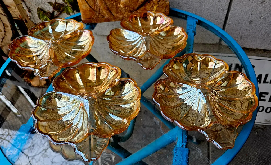 Set of Four Vintage Amber Carnival Glass Nut  Dishes photo 1