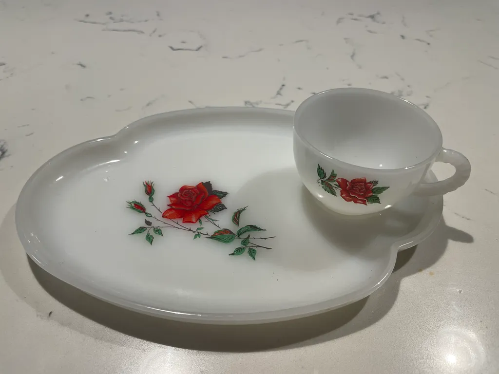 Vintage Rose Snack Plate & Cup Sets, White Milk Glass Red Rose  photo 1