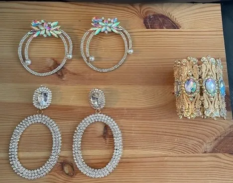 Silver Rhinestone Earrings x 2 (ornate)  & gold bangle photo 1