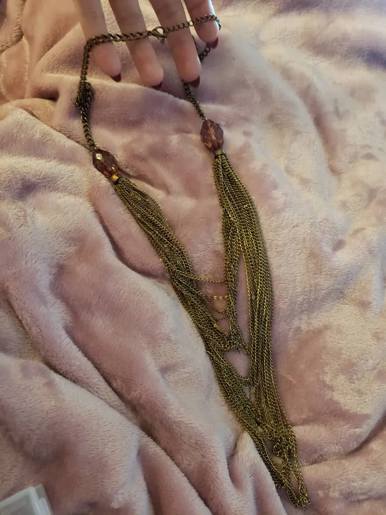 F21 Long Brass Layered Chain Necklace With Bead Accents photo 1