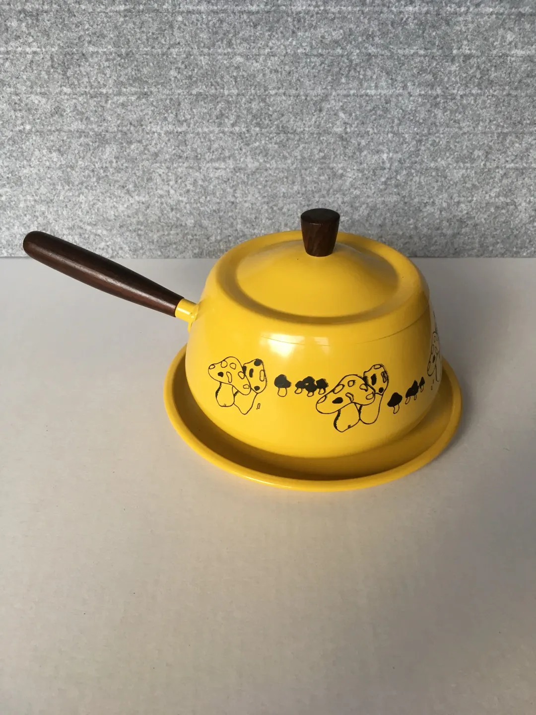Vintage Yellow Fondue Pot With Teak Handle And Lid photo 1