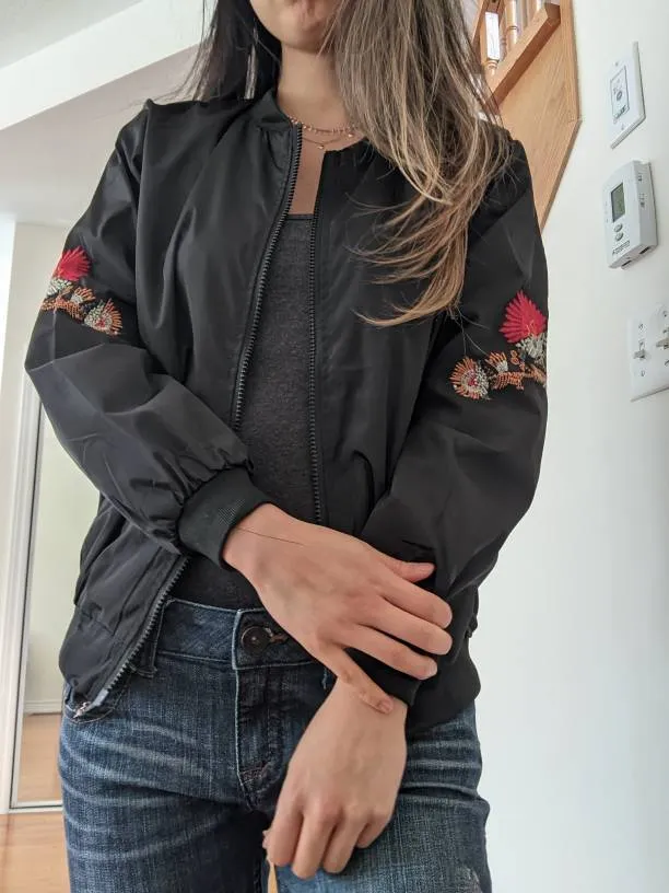 Black Bomber Jacket With Floral Embroidery Detail- Fits Small... photo 1