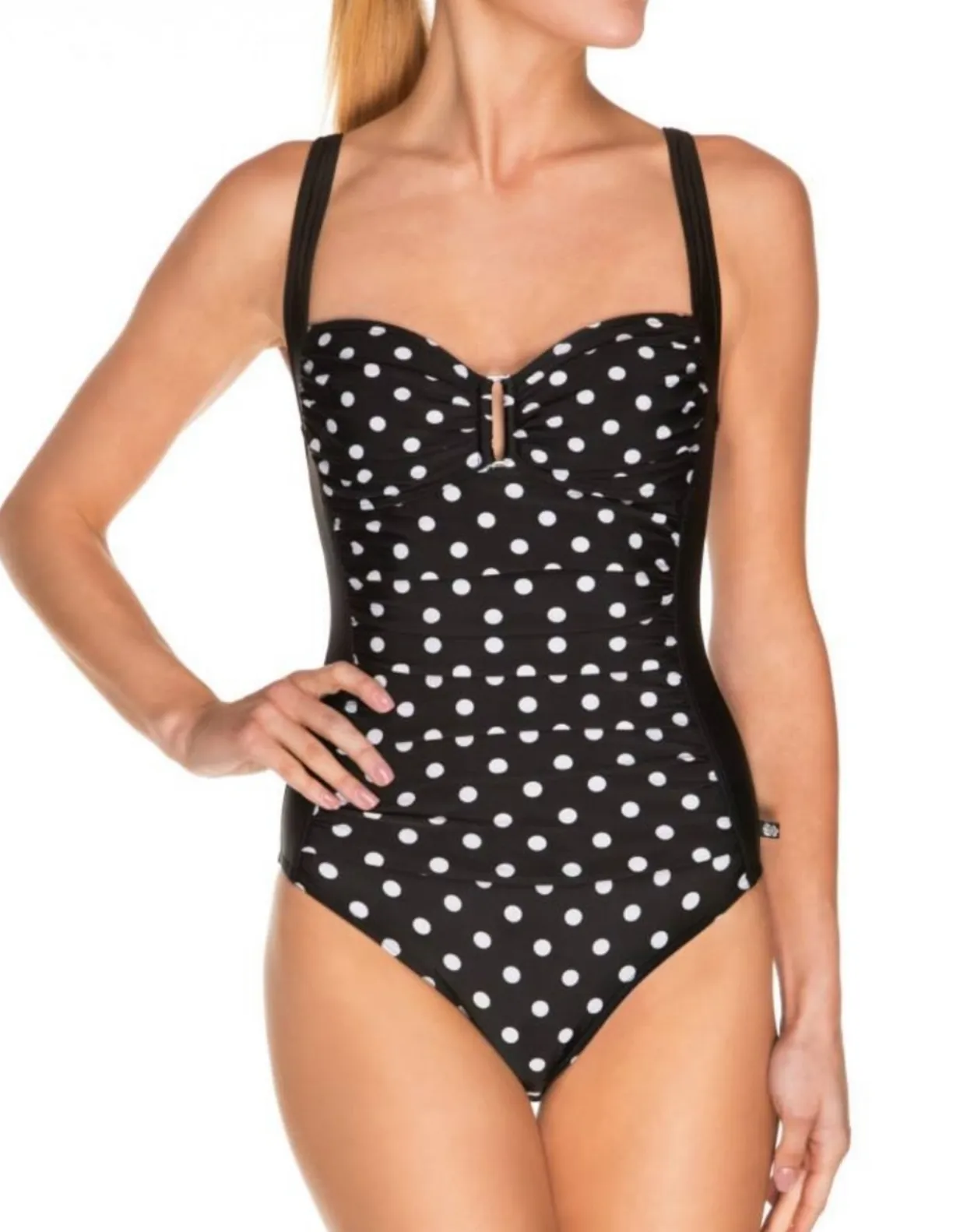 Black polka dot one piece bathing suit photo 1