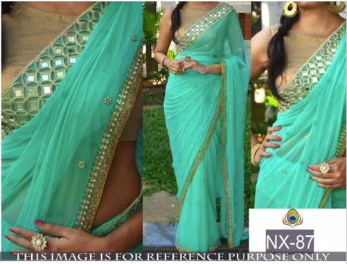 Teal with Gold Mirror Work Saree  photo 1