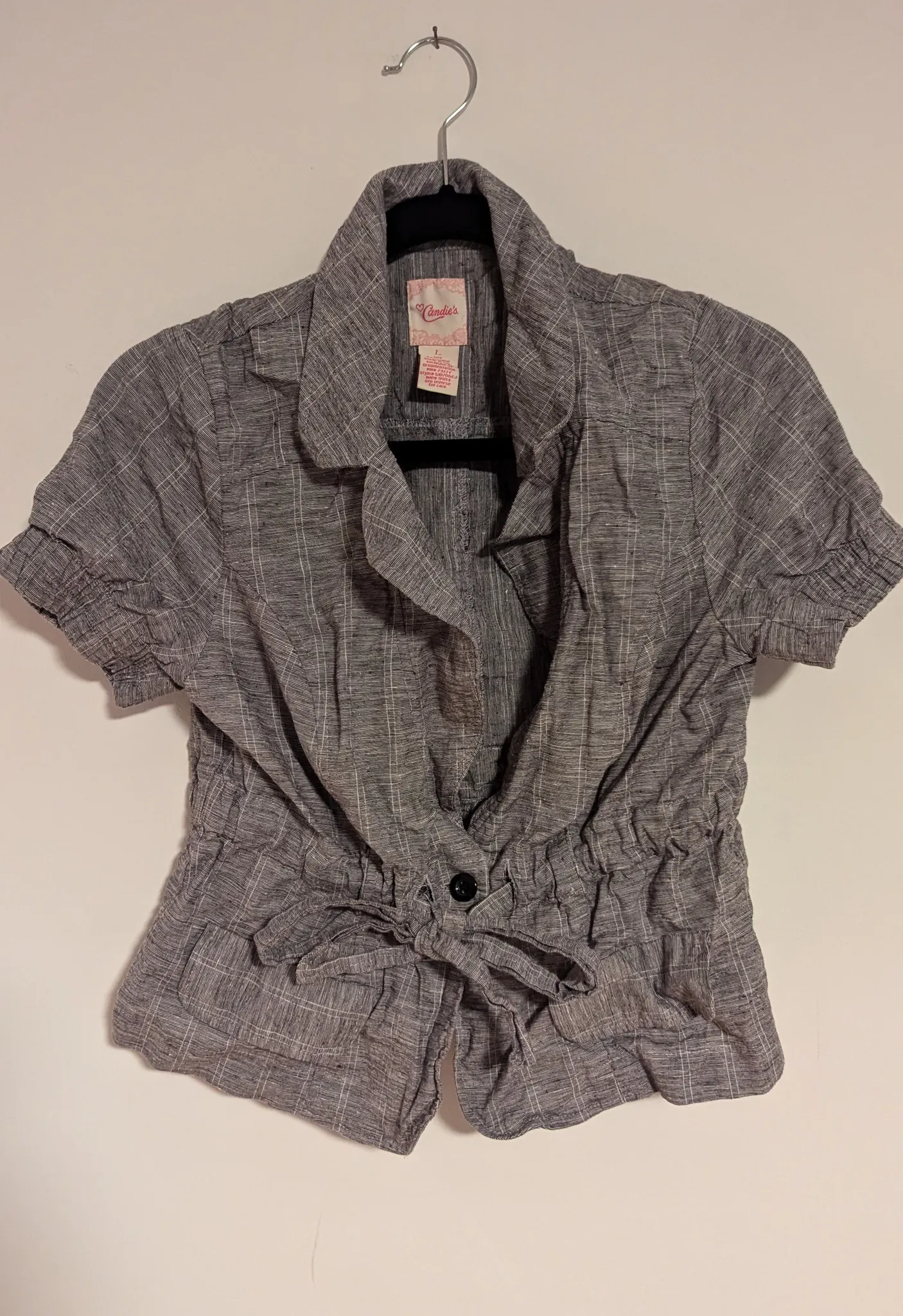 Candie's Women's Grey Plaid Short Sleeve Blouse Size Large photo 1