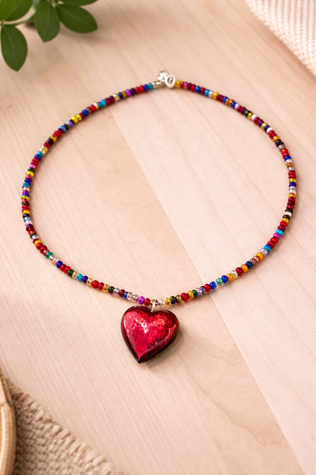 Beaded Heart Necklace – Colorful with Red Glass Pendant photo 1