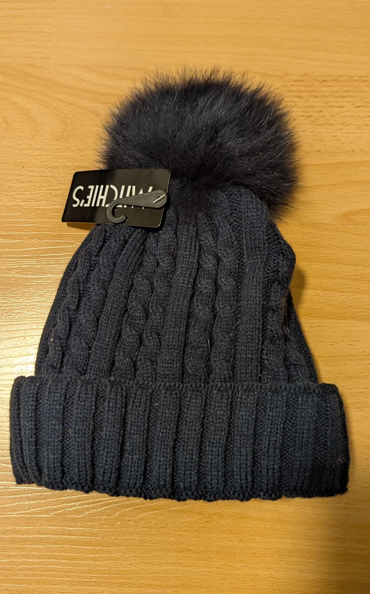 Brand New Mitchie's Knit Beanie with Faux Fur Pom Pom - Navy photo 1
