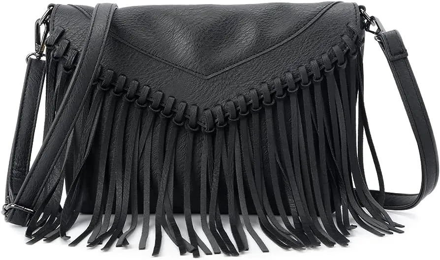 Fringe Purse for Women Vintage Leather Black Tassel Shoulder Han photo 1