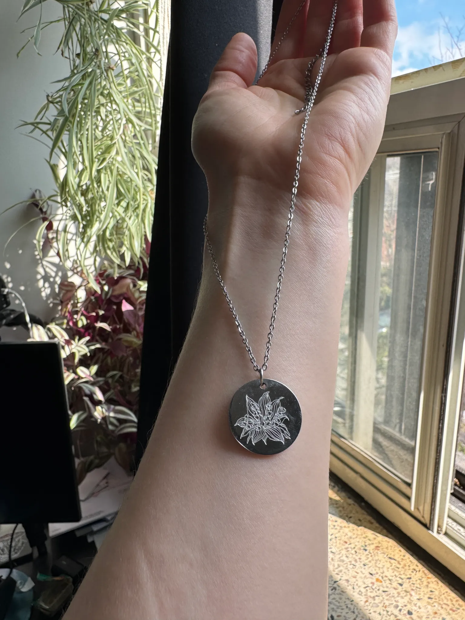 May Birth flower necklace with 30 engraved on back photo 1