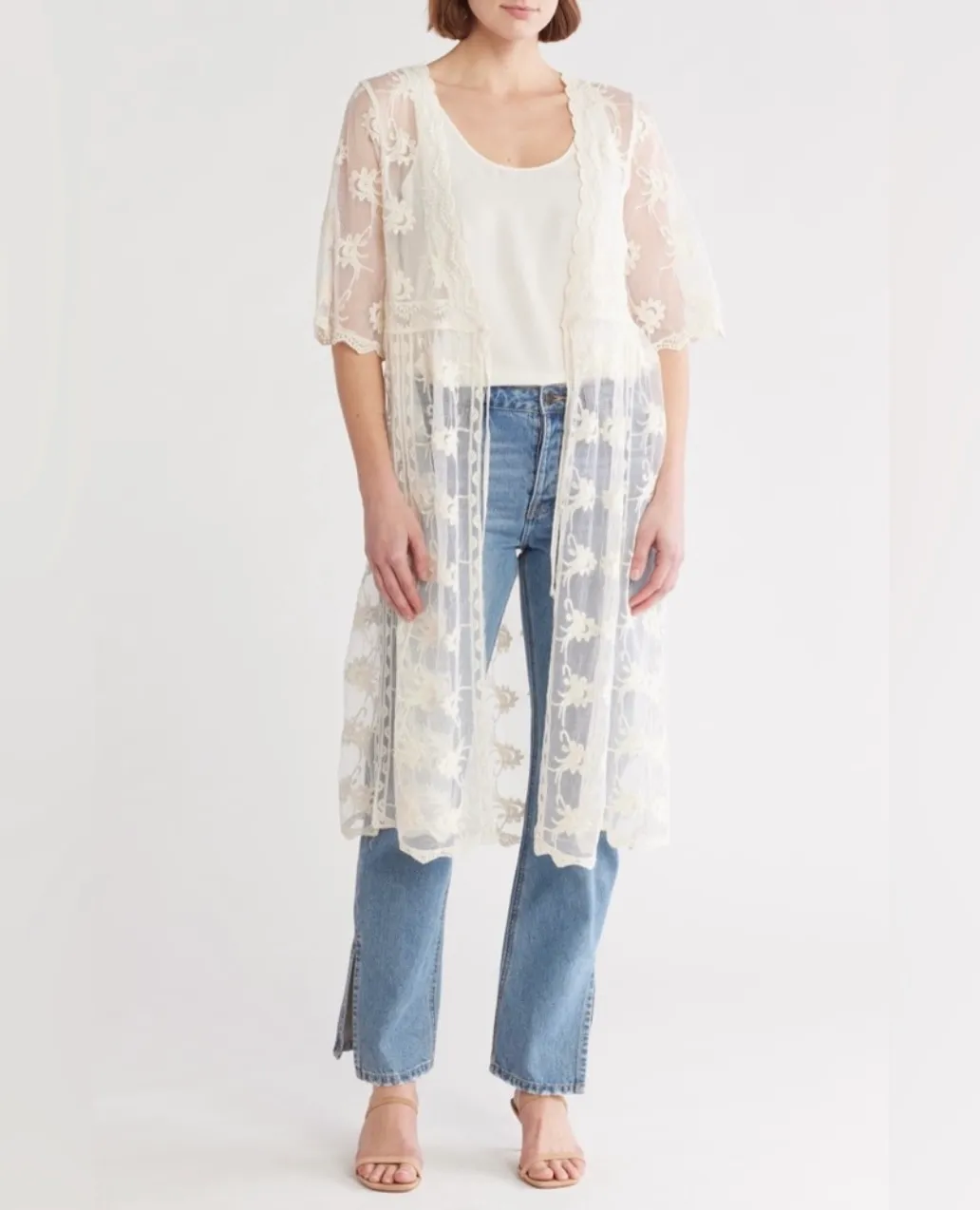 Liv Los Angeles White Floral Embroidered Mesh Midi Vest Kimono photo 1