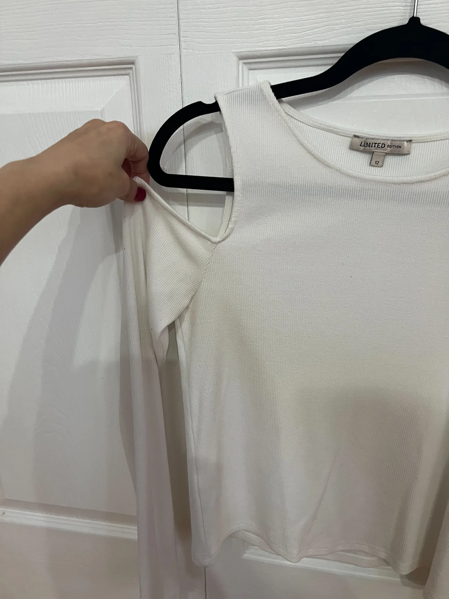 Cold Shoulder Ribbed White Shirt, Size 12 (Fits Small) photo 1