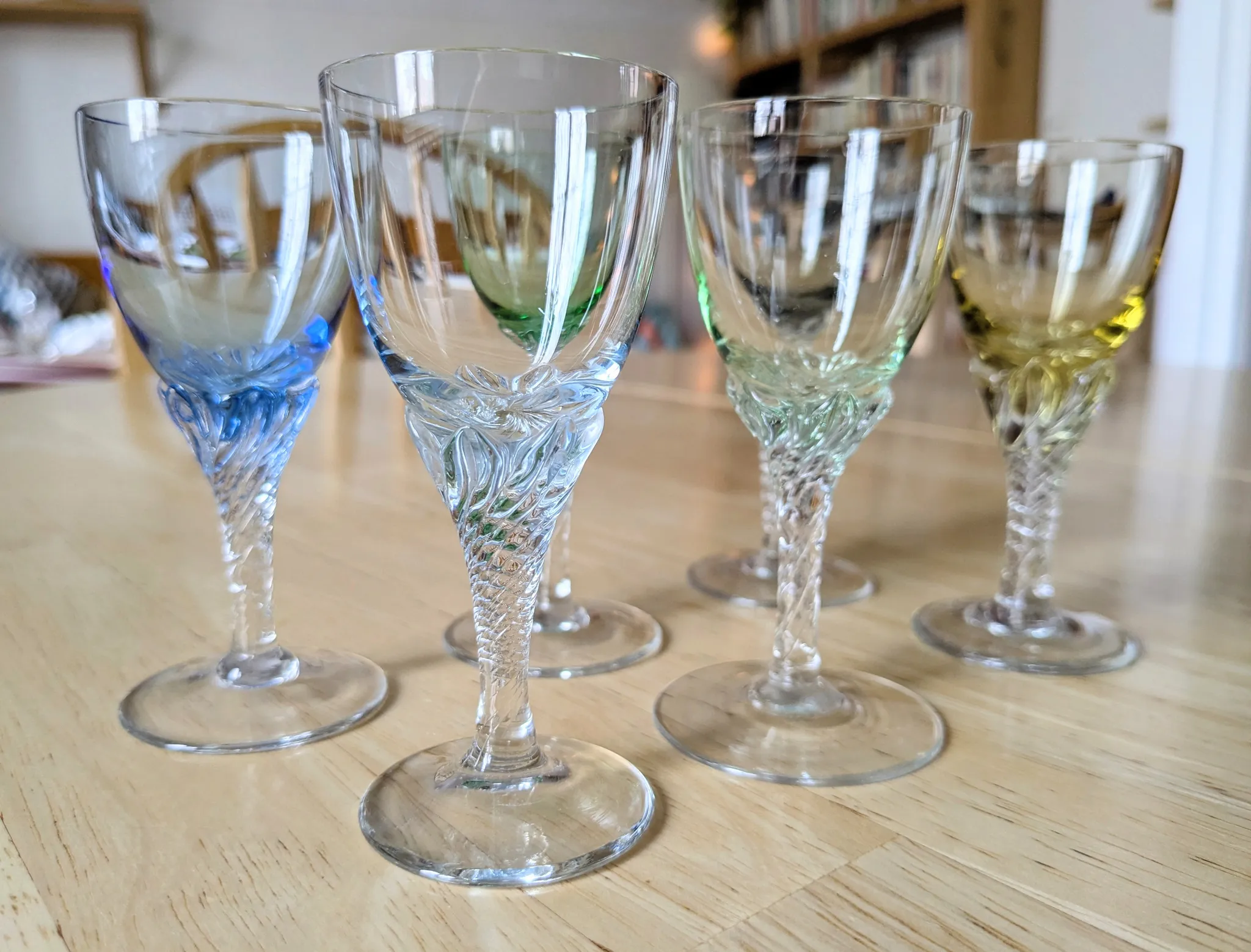 Set of 6 Vintage Tinted Liquor Glasses w Twisted Stem photo 1